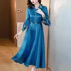 Casual Dresses Women Blue Silk Satin Luxury Party Vestidos Autumn Winter Long Sleeve Polo Collar Midi Dress 2023 Korean Ebmbroidery Robe