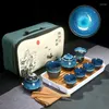 Zestawy herbaciarni chińskie herbatę niebieska bursztynowa glazura ceramiczna Temmoku Znakomita filiżanka Portable Teapot Gajwan Cups