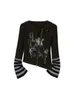 Women's Knits Harajuku Print Zipper Cardigan T-shirt Women Vintage Slim Grunge Fashion Patchwork Top Y2k Aesthetic Streetwear Gothic Tee