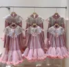 Vestidos de tul de encaje con empalme de terciopelo y lentejuelas para niñas con bordado de gasa, poncho con borlas de perlas, 2 piezas, vestido de princesa para niños del Día de San Valentín Z6373