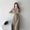 Vintage Koreli Pileli Elbise Uzun Kollu İnce Kadın Kazak Elbiseler Örme Zarif Midi Parti Kadın Uzun Elbise 231228