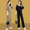 Women's Two Piece Pants Sports Suit 2023 Autumn Winter Corduroy Coat Loose And Slimming V-neck Top Straight Wide Leg Set