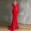 Party Dresses Red Mermaid Evening Dress For Women Satin Long Sleeves Beading Stones V Neck Formal Occasion Elegantes Mujer Vestidos 2023