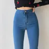 Kvinnors jeans Wenfly Kvinnor Hög midja Stretch Elastic Cotton Denim Pants Zipper Kvinnlig mantel Casual England Byxor plus storlek