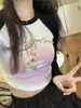 Kadın Tişörtleri Qweek Kawaii Pembe Baskı Mahsulü Kadınlar Harajuku Tatlı Sevimli Grafik Üstler Sokak Giyim Vintage Seksi Uzun Kollu Tees