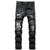 Erkekler Biker Jeans Street Giyim Paisley Bandana Baskı Yaması Streç Denim Pantolon Yamalı Delikler Yırılmış İnce Düz Siyah Pantolon 231228