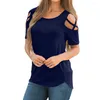 Blusies feminino Moda Summer Mulheres T-shirt Tops Solid Hollow Out Manga curta Strappy fora do ombro Roupas femininas