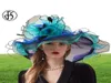 FS Pink Organza Kentucky Derby Hat للنساء Wide Brim Beach Hats Big Sun Flowers Wedies Curch Curch Party Fedoras 21039544522