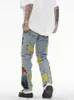 Chińskie malarstwo haftowane dżinsowe dżinsowe dżinsy dla mężczyzn umyte streetwearu zniszczone plisowane frędzle proste dżinsy 231227