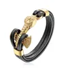 2021mkend Mens Bracelets Gold Leo Lion Stainless Steel Anchor Shackles Black Leather Bracelet Men Wristband Fashion Jewelry1284l