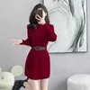 Sukienki swobodne Spring Sexy z paskiem dzianinową sukienki Kobiety Slim Fall Winter Long Tlee Wine Wine Red Short Sweter Vestidos