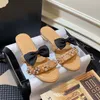 Channells Luxury Embroidered Fabric Slide Leather Lady Wedding Party Slippers Designer Slides Women Summer Beach Walk Sandals Low Heel Flat Shoes 35-41