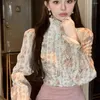 Blouses pour femmes Sweet Floral Imprimé élégants Chemises Femmes Collier debout Colliers Longues Ruffles automne vintage Chic dames French French Style Blusa