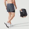 LL Shorts esportivos de verão masculinos de secagem rápida, respirável, camada dupla anti-reflexo, shorts de treinamento falsos de duas peças, shorts de corrida fitness