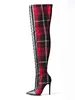 Dress Shoes Red Plaid Lace Up Over The Knee Thigh High Boots Black Leather Pointed Toe Cutouts Stretch Long Thin Heels Party