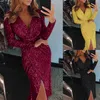 Casual Dresses Women's Formal Women Sexy Deep V paljetter Wrap Ruched Long Sleeve Dress Wedding Guest för