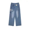 Women's Jeans Y2k Pant Denim Cartoon Pockets Trousers Preppy Style Korean Belt High Waist Blue Straight Wide Leg Women Zipper