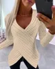 Women's Sweaters Women Fashion Solid Color V-Neck Overlap Asymmetrical Casual Long Sleeve Top