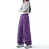 Women's Pants Hip Hop Streamer Purple Y2k Baggy Cargo Women High Streetwear Vintage Trousers High-Waist Pockets Bunched Leg StreetPants