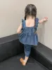 Conjuntos de roupas Coreano Crianças 2023 Versão Verão Meninas Médio e Pequeno Denim Lace Vest Terno