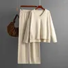 Pantalones de dos piezas para mujeres Sweater Traje cálido para mujeres trajes de punto de invierno 2 jueve de cuello en V suelto pantalón de pierna ancha