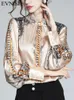 EVRISI FRANTE FEMME IMPRIMÉ Blouse Silk Satin Shirt Elegant Loose Lantern Office Office Ladies Spring Autumn Pullover Tops 231227