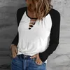 Women's Blouses Sexy Hollow Out Athletic Tshirts Women Casual Fashion Top Long Sleeve Colorblock Round Neck Blouse Daily Blusa Pullover