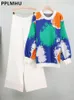 Tie Dye Pulôver Suéter 2 Peças Conjunto Impressão Casual Malhas Jumper Conjunto Cintura Alta Sólida Malha Perna Larga Calça Outfit 231227