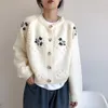 Tricots pour femmes Col rond Pull à fleurs brodé pour les femmes 2023 Automne et hiver Épais Ajustement ample Coréen Doux Cardigan en tricot court