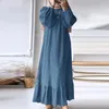 Etniska kläder ramadan kalkon långa klänningar kvinnor mode abaya dubai lyxig fast färg o nackhylsa vintage rufsled prom klänning kaftan