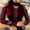 Womens Tops Spring Sexy Hollow Out Slim T-shirts Elegant Butterfly Print Turtleneck Blouses Pullover Fashion Casual Blusa