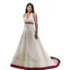 Broderie classique une ligne robes de mariée blanches et rouge foncé longs robes nuptiales satinées halter en V-col