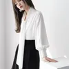 Damesblouses Satijn Wijnrood Overhemden Dames Vintage Informeel Lange mouw Top Enkele rij knopen V-hals Strikblouse Blouse Street chic 2023 Lente