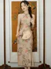 Etnische kleding elegante Chinese traditie qipao jurk sexy mouwloze split cheongsam klassieke print bloem mandarijn kraag vrouwelijke vestidos