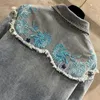 Vestes pour femmes Chemise en denim brodée de fleurs bleues Longueur moyenne Point de cheveux tirés Manteau à col bleu marine