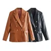 Kvinnans jackor 2023 Autumn/Winter Fashion Versatile Polo Collar Double Breasted Pu Leather Suit Pock Jacka Kvinnor