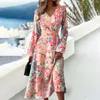 Casual Kleider Herbst Langarm Midi Kleid Frauen V-ausschnitt Floral Gedruckt Elegante Urlaub Party Herbst Damen Roben Vestidos