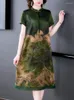 Бальные платья, летнее зеленое шелковое платье миди с цветочным принтом, женское элегантное повседневное платье миди со свободной талией, 2023, корейское винтажное шикарное платье