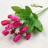 Flores decorativas 1 buquê 5 garfos 15 cabeças tulipa de seda artificial com folhas verdes para festa de casamento decoração de casa do dia dos namorados