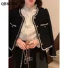 Siyah Vintage Tasarım Tweed kırpılmış ceket kadınları bahar Kore moda uzun kollu yün kat zarif lüks chaquetas y2k 231228