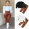Clothing Sets Autumn Toddler Girls Elegant Set Kids Clothes Baby Puff Sleeve Ribbed Blouse T Shirt PU Leather Long Pants With Belt 2 PCS