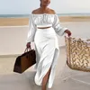 Casual Dresses Womens Skirt Suit Two Piece Solid Color Sexy Long Sleeve Strapless Tube Top & Side Slit Cutout Waist Beach Dress