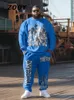 Zooy L9xl Mens Plus Boy Boyut Hip Hop Sokağı Cosplay Cartoon Graffiti Crew Boyun Sweatshirt Sweetpants Set 231229