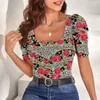 Camiseta feminina manga bufante, camiseta curta slim com gola em u, estampa 3d, estampa de leopardo, verão, roupas de rua quadradas