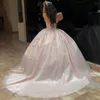 ピンクオフショルダーボールガウンQuinceaneraドレスビーズクリスタルアップリケレースタルスウィート15バースデードレスVestido de 15 Anos