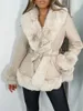 Kadın Ceketleri Kürklü Trim Patchwork Pu Deri Kadın Moda Kontrast Renk Peluş Yaka Sıcak Hardij Kemer Out Giyim