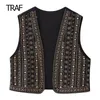 TRAF Embroidered Cropped Vest Women Vests Autumn Rhinestones Sleeveless VNeck Korea Style Top Luxury Designer 231229