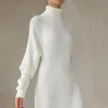 Vestidos de punto de cuello alto blanco Mujer Invierno Otoño Vestido de suéter de gran tamaño Moda Mini vestido de manga larga Prendas de punto casuales 231229