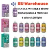 Savage Whiskey 16000 Puff EU Warehouse Vapes Einweg 26 ml 650 mAh 6 Farben LGB Light Juice Flavour Crystal Vape Pen vs. Mrvi Bar Vozol 15k Puff