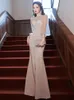 2024 Luxury Sheer Neck Mermaid Prom Dresses long sleeve crystals bling satin Beadings Sequined High Split Gowns Formal Mother of the Bride Dress plus size Even dress